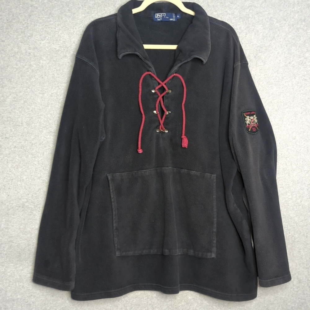 Polo Ralph Lauren Vintage Fleece Pullover Sweatshirt Red Cord XL Shoulder‎ patch